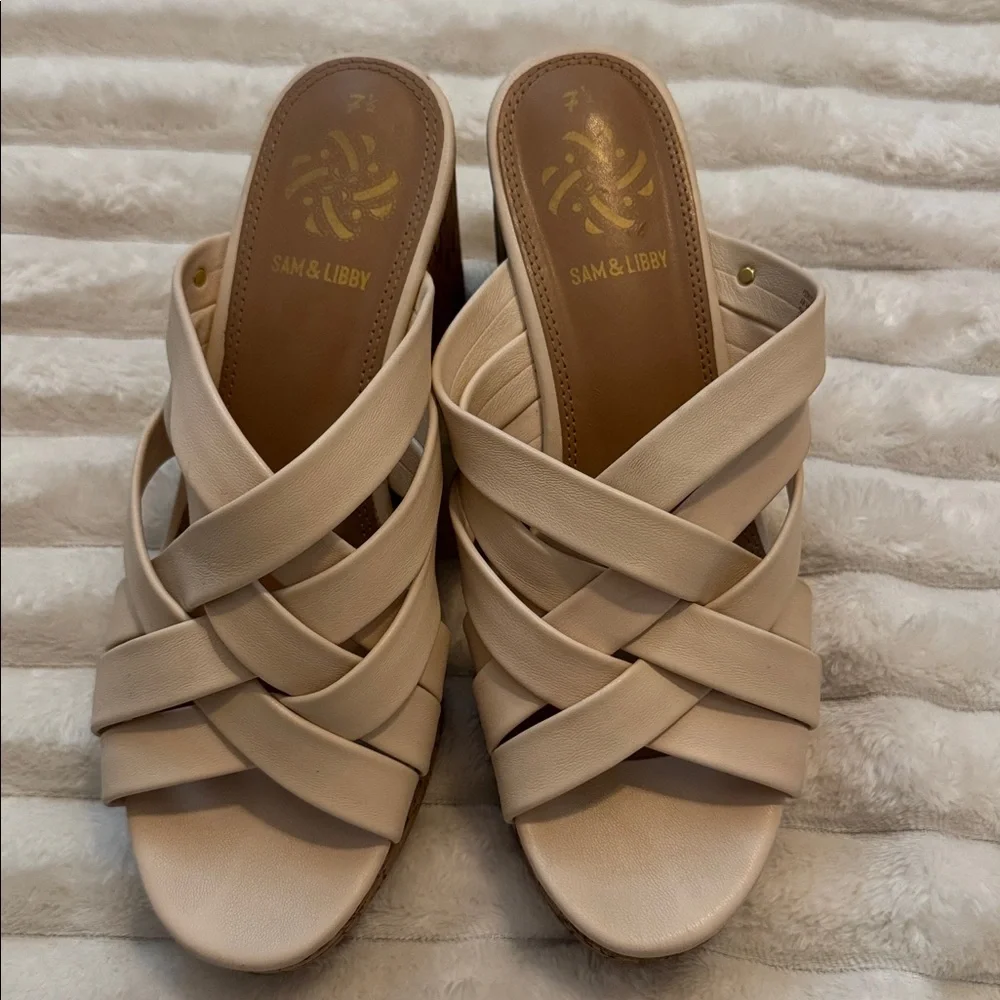 Sam & Libby Neutral Beige Crisscross Cork Wedge Slides